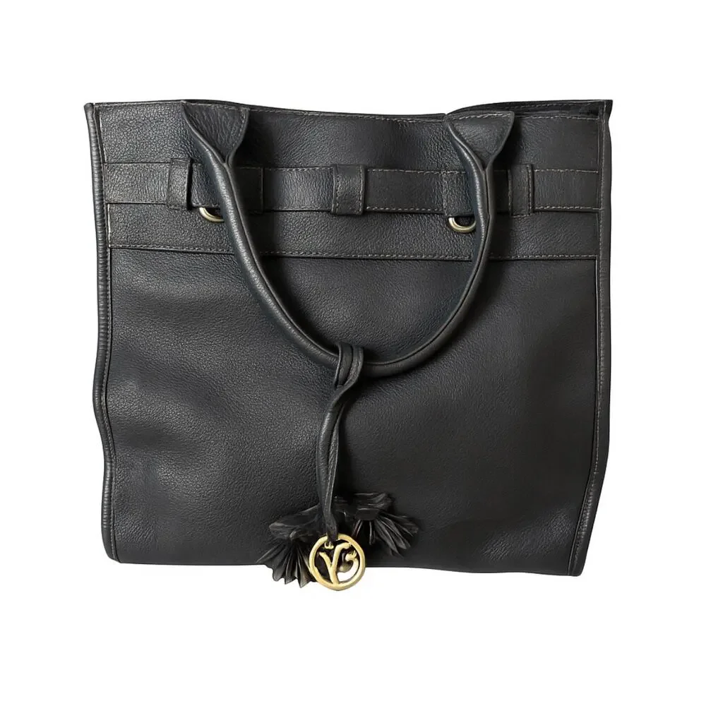 Johnston & Murphy Black Leather Tote Bag Purse Gold Logo Charm | Large Interior